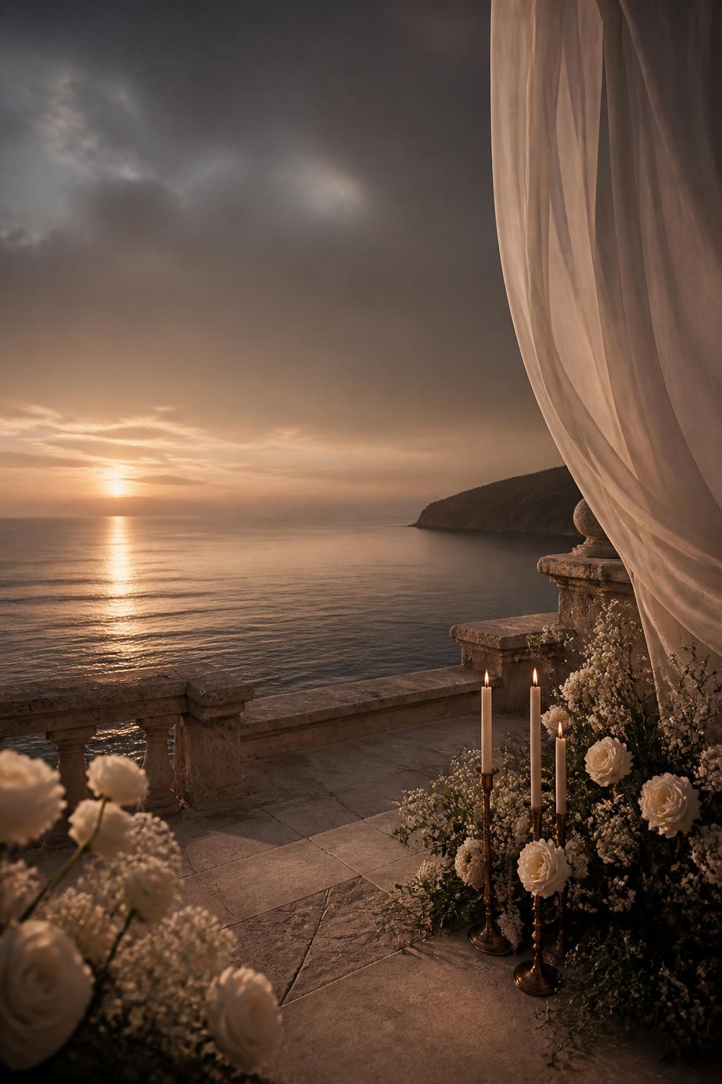 A candlelit seaside terrace prepared for an elegant wedding